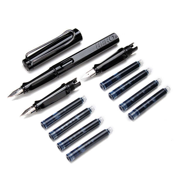 Black Hero 359 Fountain Pen Set 3 Pen Nibs 8 Ink Cartridge Refills
