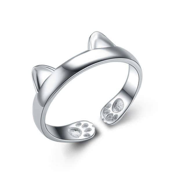 Cute 925 Silver Plated Cat Ear Opening Ring For Women Adjustable