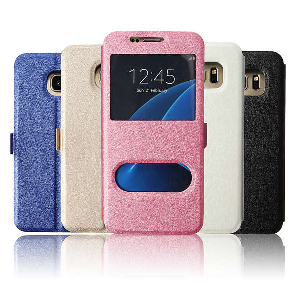 Dual Windows Silk Flip Leather Case PC Cover Stand For Samsung Galaxy S7 Edge
