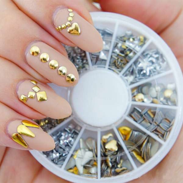 6 Styles Mix Shape Gold Silver Alloy Stud Nail Art Decoration Wheel