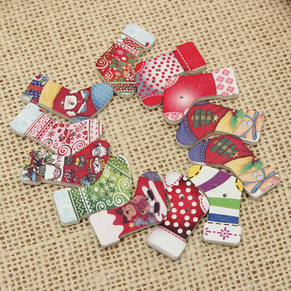 50pcs Christmas Sock Wooden Buttons 2 Holes Sewing Scrapbooking