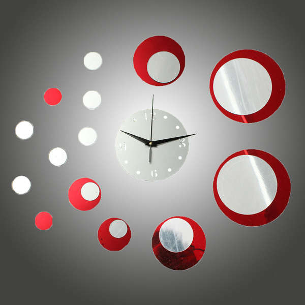 DIY Wall Decal Clock Red Acrylic Circle Mirror Effect Wall Clock Sticker Home D