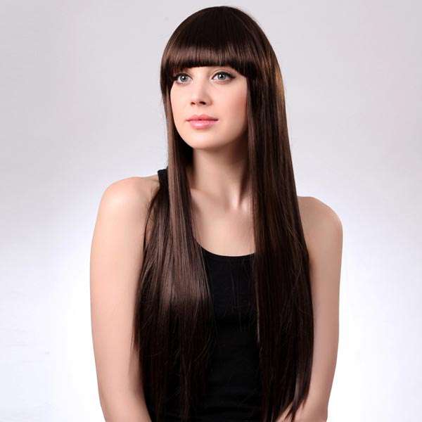LS002-6 Capless Long Synthetic Dark Brown Neat Bang Straight Hair Wig