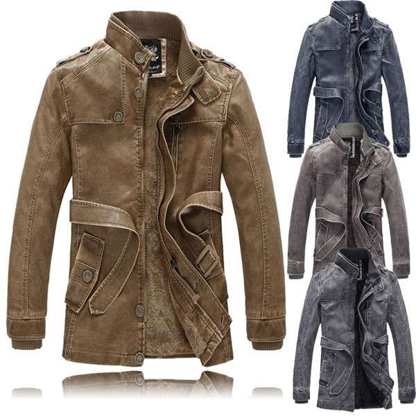 Men Fashion Motorcycle Winter Thick Warm Vintage PU Leather Jackets Trench Coat