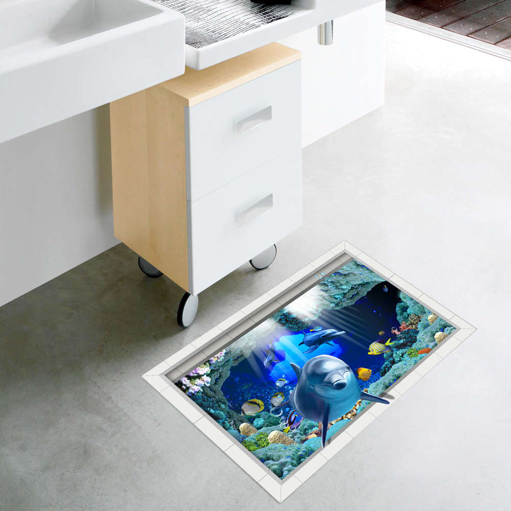 PAG 3D Bathroom Anti Slip Waterproof Floor Sticker Washable Dolphin Pattern Bat
