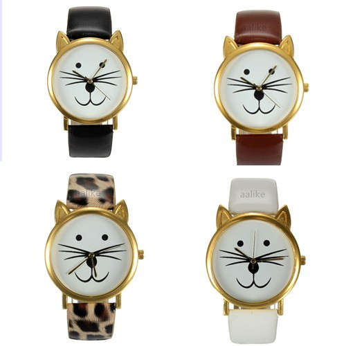 Casual Smile Cat Face Gold Color Case PU Leather Band Unisex Quartz Watch