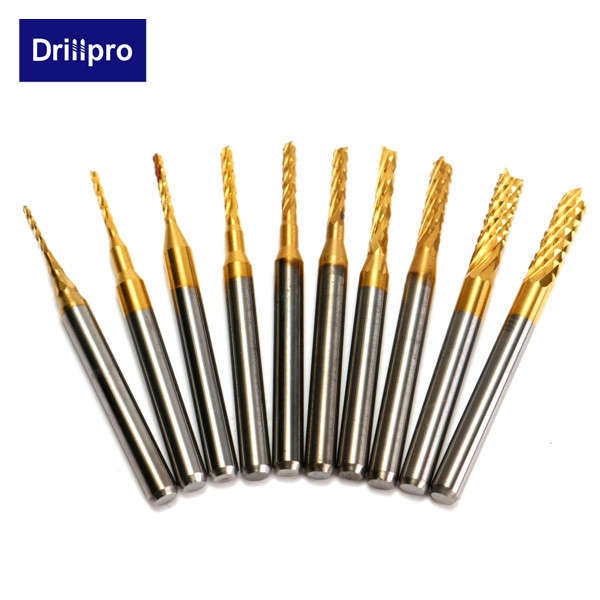 Drillpro 10pcs 0.8-3mm Titanium Coated PCB Drill Bits Carbide Engraving Milling