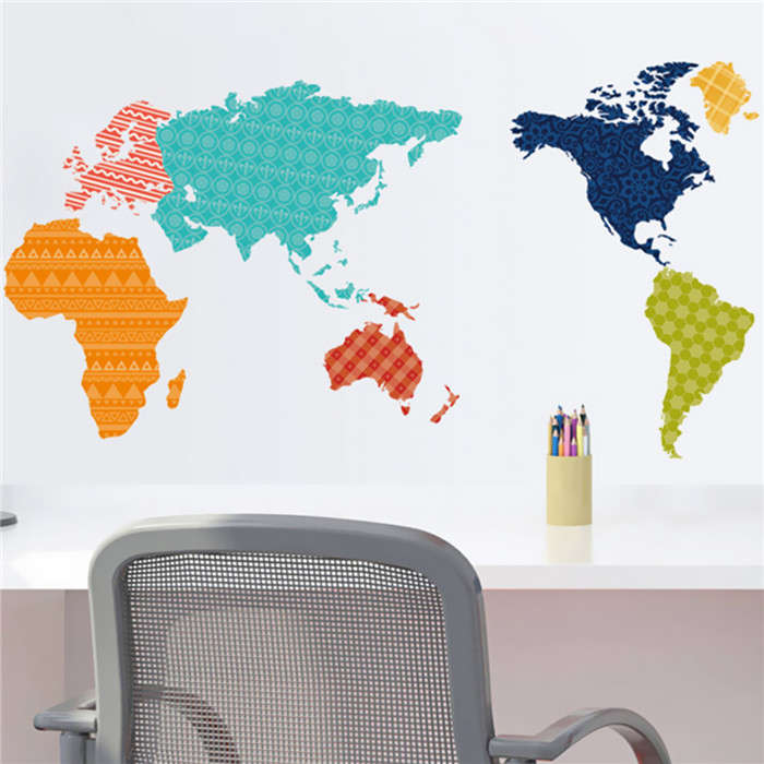 Colorful World Map Wall Decal DIY Wall Map Stickers Home Room Wall Background D