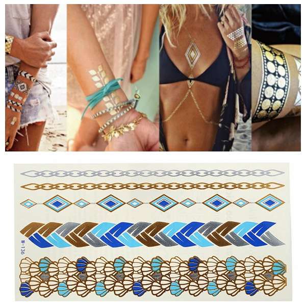 Gold Blue Chain Metallic Temporary Tattoos Body Art Sticker