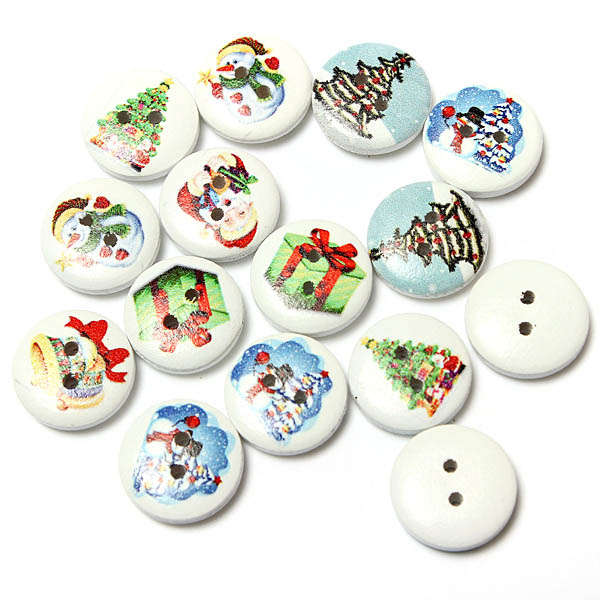 80pcs Xmas Wooden Santa Claus Snowman Pattern Buttons Christams Decor