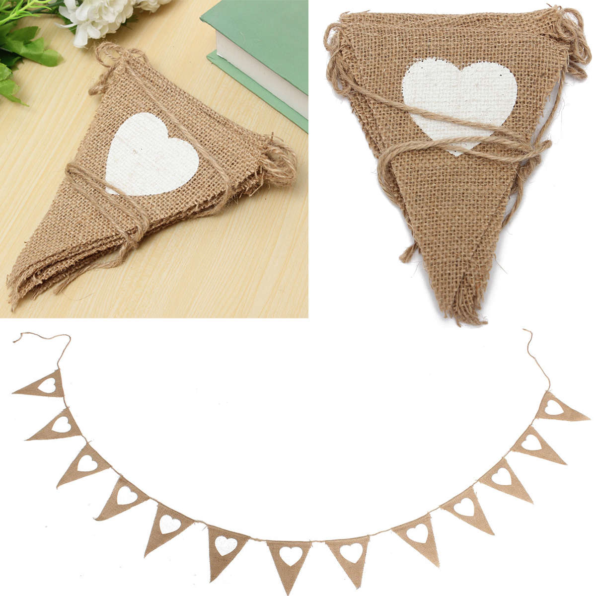 2.8M Heart Triangle Pattern Hessian Burlap Fabric Rustic Wedding Banner Bunting