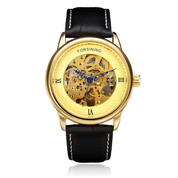 Forsining Leather Roman Gold Silver Dial Skeleton Men Mechanical Watch