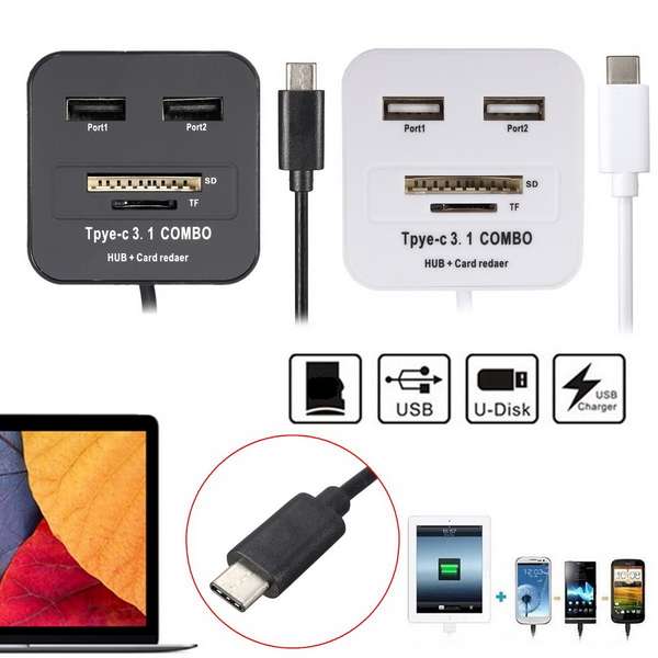 USB 3.1 Type C High Speed 2 Port USB 2.0 Hub with Micro SD Card Reader OTG for