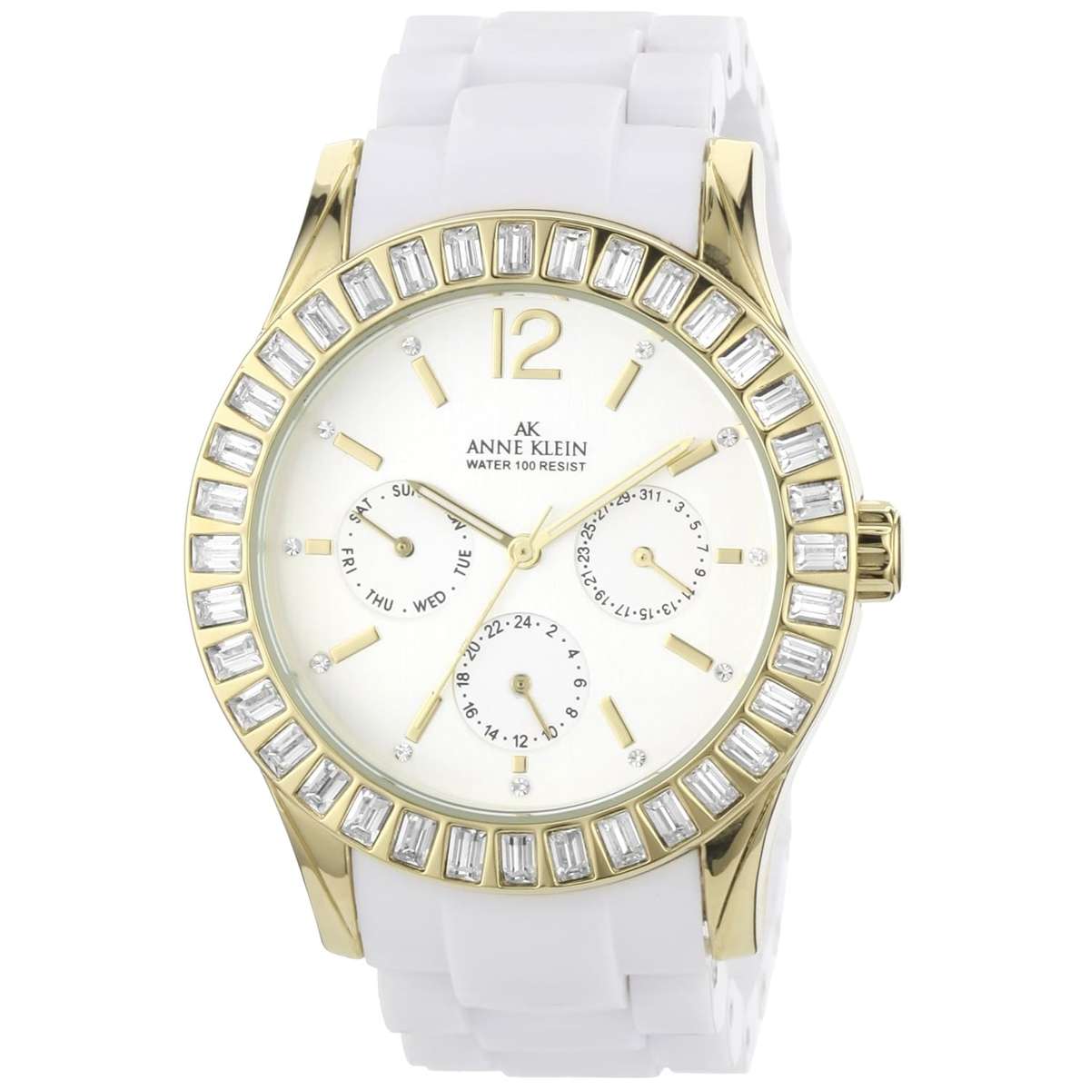 AK Anne Klein Women's 109316SVWT Swarovski Crystal Multi-Function Gold-Tone White Watch
