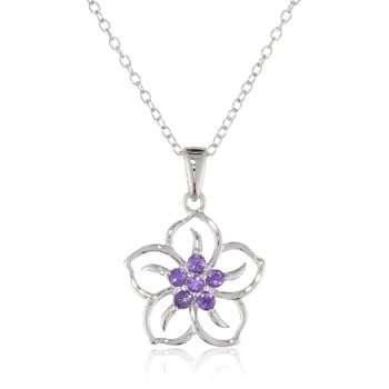 Sterling Silver and Amethyst Flower Pendant Necklace, 18'