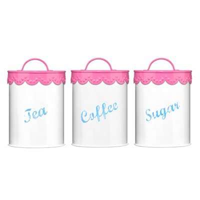 Premier Housewares Set Of 3 Tea, Coffee & Sugar Canisters With Pink lace
