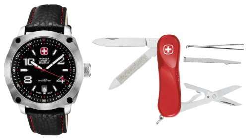 Wenger Swiss Military Men's 69373 Outback Black Leather Analog Watch and Swiss Army Knife Gift Set