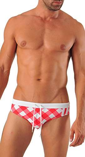 GERONIMO Fashion Swimwear Mens RED Squares Brief Trunks ,Swimming suit MEDIUM 1314s2