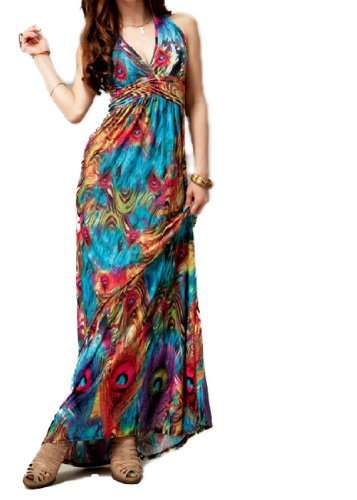 Flaming Peacock Feather Print Empire Waist Maxi Dress