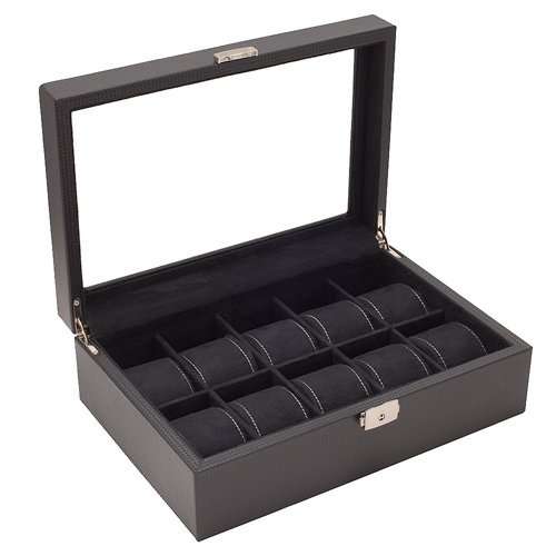 Watch Case Display with Carbon Fiber Pattern Glass Clear Top Storage Box Chest that Holds 10 Watches