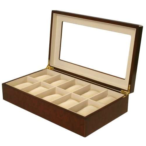 Watch Box for 10 Watches Burlwood Matte Finish XL Extra Large Compartments Soft Cushions Clearance W