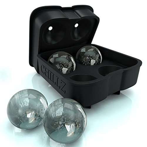 Chillz Ice Ball Maker Mold - Black Flexible Silicone Ice Tray - Molds 4 X 4.5cm Round Ice Ball Spher