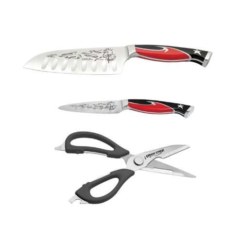 Guy Fieri 3pc. Knuckle Sandwich Set Santoku and Paring Bonus Come apart kitchen shears