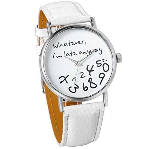 JewelryWe Unisex Female Women Ladies Girls "Whatever, I'm late anyway" Love Gift Leather Strap Watch