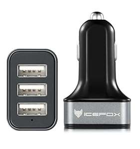 Car Charger-icefox (TM) Intelligent Best USB Car Charger 7.2 A/36W12-24VPremium Aluminum (Black)