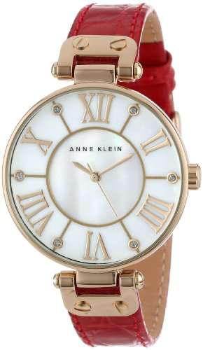 Anne Klein Women's AK/1396MPRD Gold-Tone Mother-Of-Pearl Dial Red Leather Croco-Grain Strap Watch