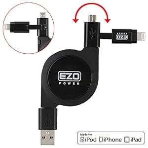 EZOPower 2 in 1 Apple Certified Lightning Connector Micro USB Charge & Sync Retractable (Black)