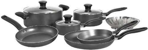 T-fal A821SA94 Initiatives Nonstick Inside and Out Dishwasher Safe 10-Piece Cookware Set, Black (Gra