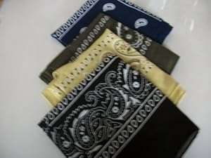 Four Pack Paisley Design Bandanas black kakhi beige brown. fast post
