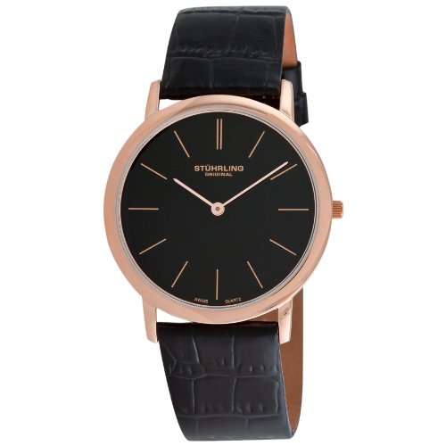 Stuhrling Original Men's 601.3345K1 Classic Ascot Swiss Quartz Ultra Thin Rose Tone Black Leather St