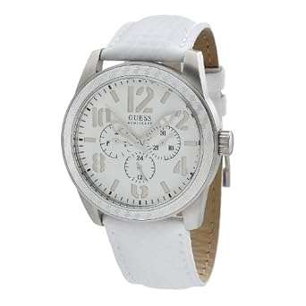 GUESS W95129G1 Round Stainless Steel Case, White Dial, White Leather Strap Watch