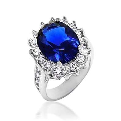 Kate Middleton Diana Ring Oval Blue Sapphire Color CZ Engagement Ring Silver Plated 5ct with Crystal