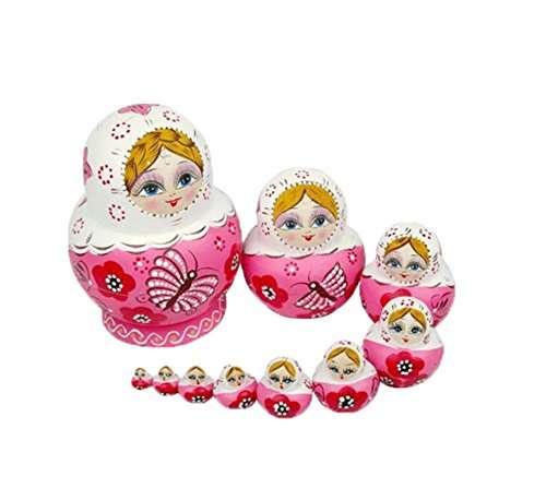 Leegoal 10pcs Pink Wooden Russian Nesting Dolls Gift Matreshka Handmade