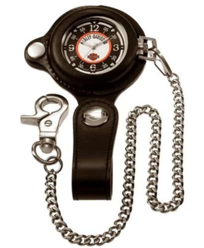 Harley-Davidson&reg; Bulova Pocket watch with black leather belt fob and chain. Luminous dial, hands