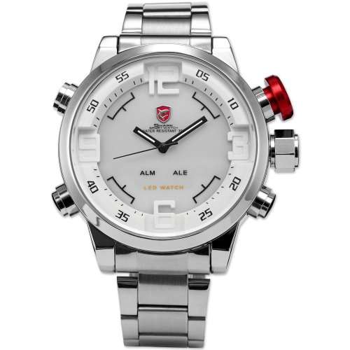 SHARK Mens LED Date Day White Dial Sport Military Stainless Steel Quartz Wrist Watch SH104