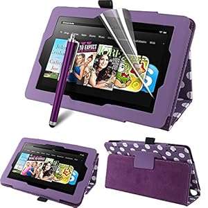 CreatValu Fire HD 7 Tablet (2014 Oct Release) Case - Auto Sleep / Wake Leather Cas (Purple Polka)