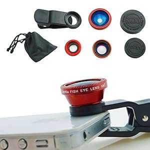 Universal 3 in1 Camera Lens Kit for Smart phones includes One Fish Eye Lens / One 2 in 1 Ma (Red)