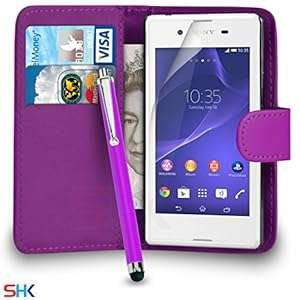 Sony Xperia E3 Premium Leather Dark Purple Wallet Flip Case Cover Pouch Big Touch (Dark Purple)