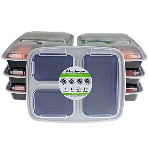 Freshware 7-Pack 3 Compartment Bento Lunch Boxes with Lids - Stackable, Reusable, Microwave, Dishwas