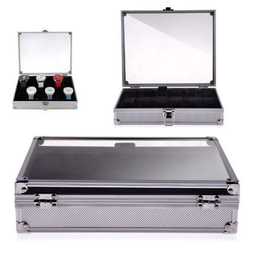 New 12 Slots Grid Watch Display Case Jewelry Collection Storage Aluminium Box