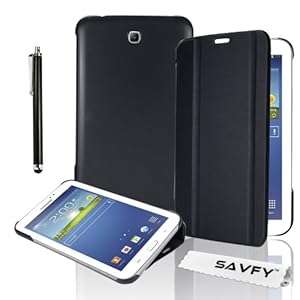 SAVFY Samsung Gaalaxy Tab 3 7.0 7-inch Book Cover Case Leather Stand Bonus: Sc (book case BLACK)