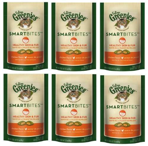 FELINE GREENIES 6-Pack Feline Smart Bites Treat, Skin and Fur Chicken, 2.1-Ounce