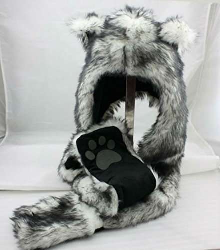 White Wolf Anime Spirit Paws Ears Faux Animal Hood Hoods Mittens Gloves Scarf Zipper