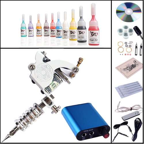 Complete Tattoo Kit Machines 10 Color Inks Power Supply K-4