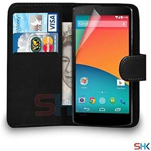 LG Nexus 5 Premium Leather Black Wallet Flip Case Cover Pouch Screen Protector & (Wallet Black)