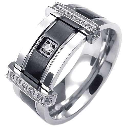 KONOV Mens Cubic Zirconia Stainless Steel Ring, Charm Elegant Wedding Band, Black Silver, Size 13